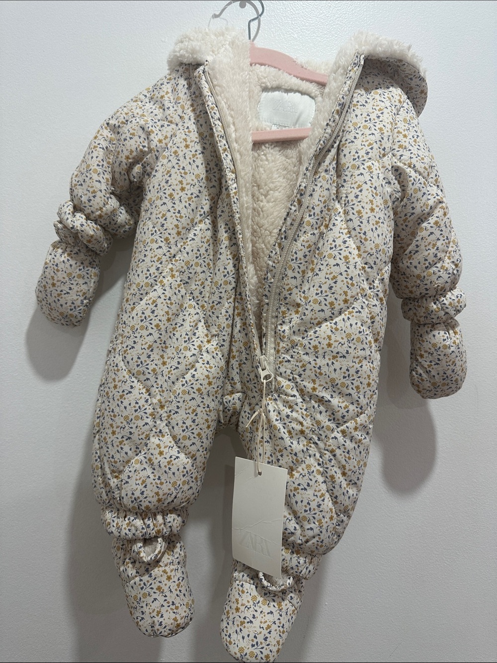 Zara Cozy Floral Print Cream Baby One-Piece Snowsuit